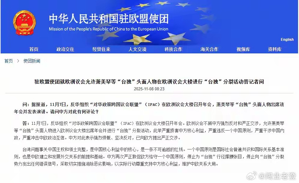 11月7日，反华组织“对华政策跨国议会联盟（IPAC）”在欧洲议会大楼召开年会，