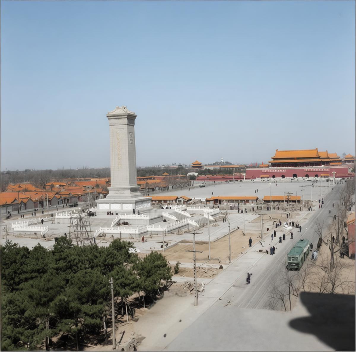 1958年3月，人民英雄纪念碑落成，洁白的碑身与须弥座格外醒目，纪念碑周围仍是一