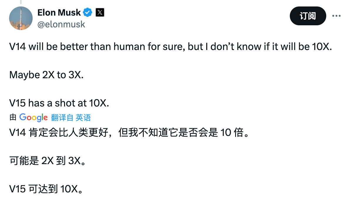 ElonMusk：特斯拉FSDv14肯定会比人类（指人类驾驶员的平均水平