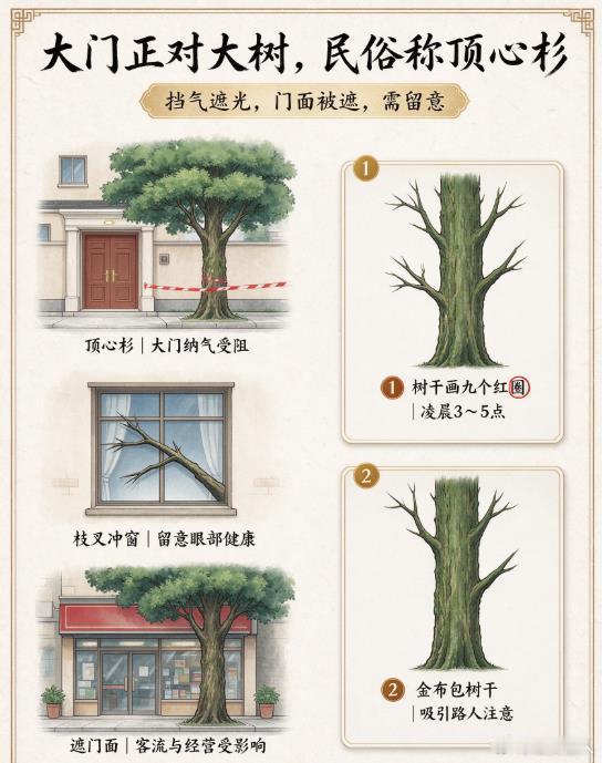 大门正对大树｜民俗所说顶心杉大门为住宅纳气之口，大门正对着大树，传统阳宅称为顶心杉。树木离门窗需要留