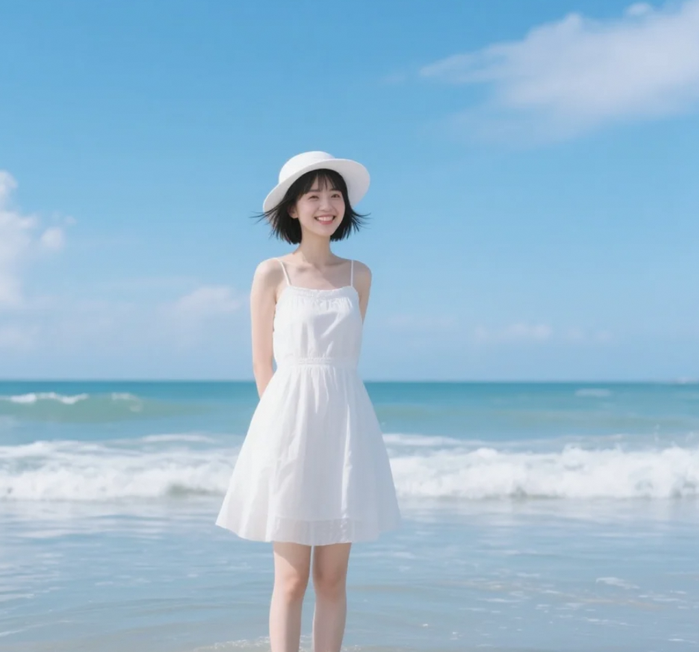 海边的白色连衣裙，宛如初绽的花朵般纯净