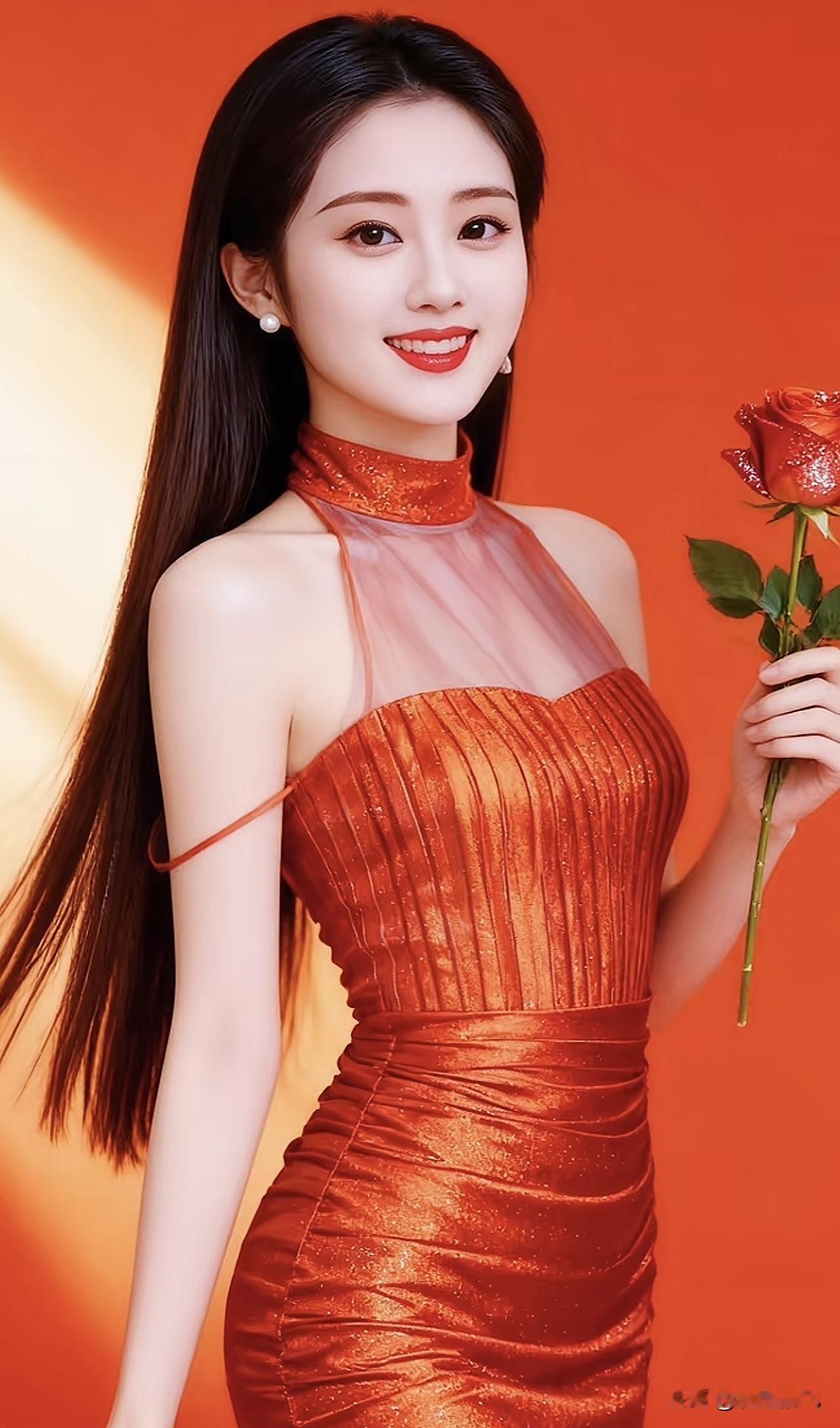 红衣美人笑，玫瑰映芳容。红衣花朵红唇美人照玫瑰红装美女红唇美人照玫瑰红装