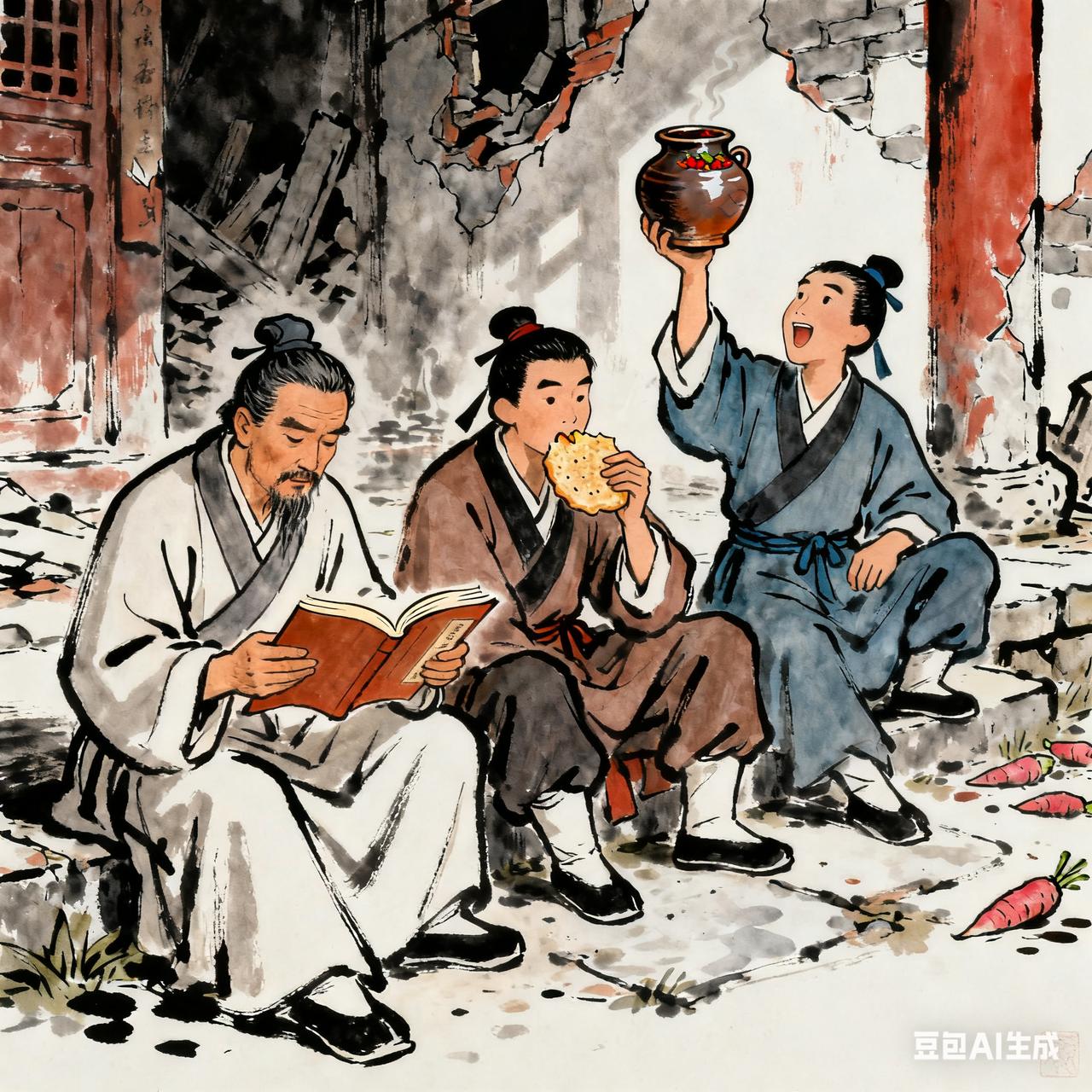 古代笑话三个书生赶考，在破庙歇脚。老大捧《论语》温书，老二啃干饼，老三炫耀王