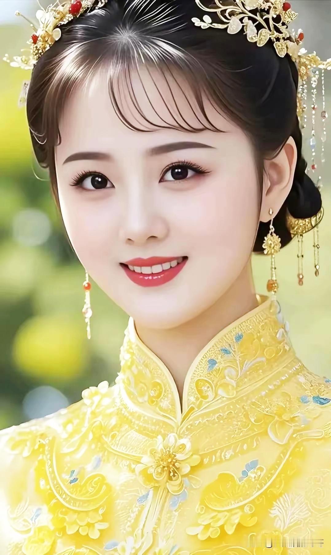 古典美人，金衣华裳，笑靥如花