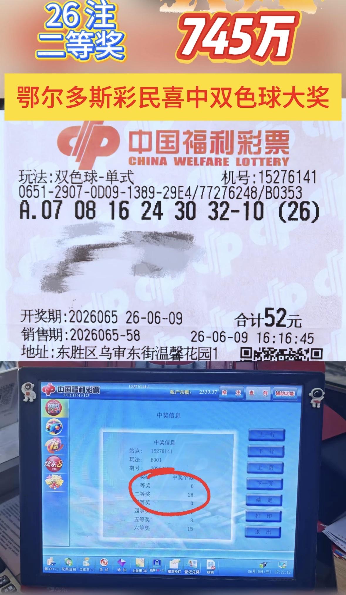 差一个蓝号憾失26注头奖！鄂尔多斯彩民揽745万双色球二等奖。双色球2026