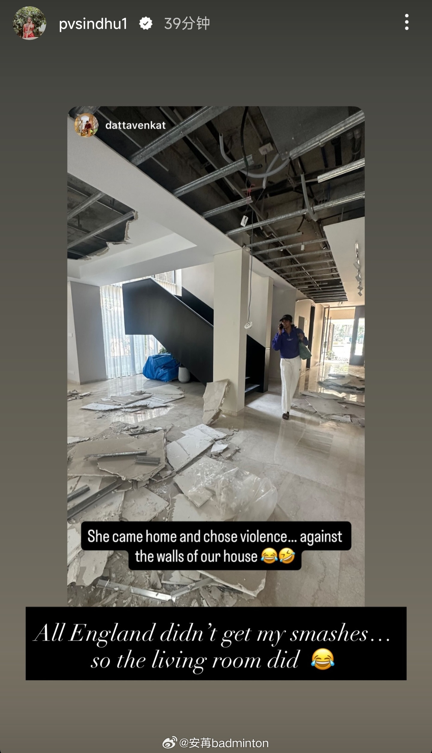 平安到家后的辛杜“暴力”宣泄：全英没挨到的扣杀，全给了客厅😂全英公开赛没接住我