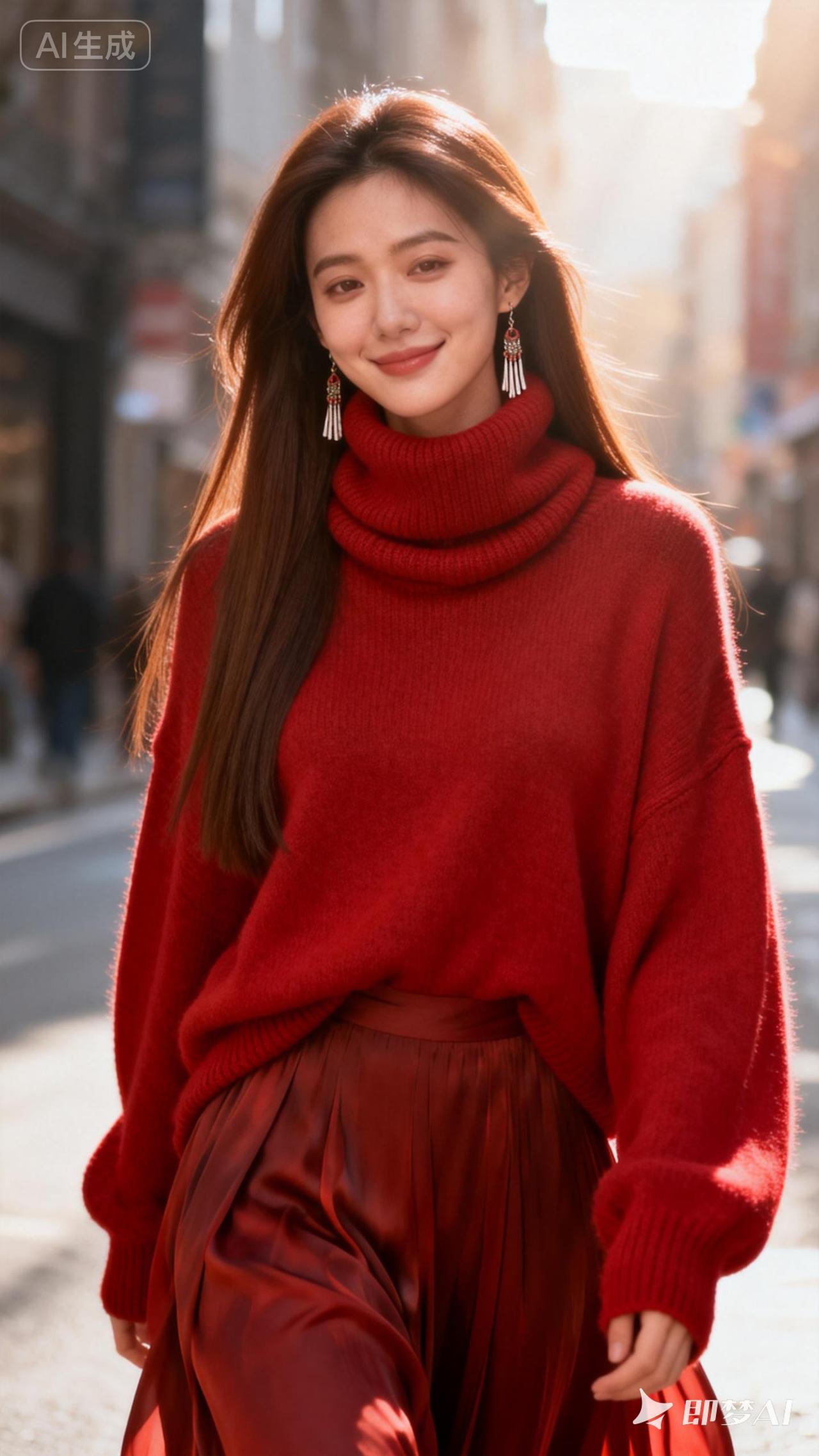 红色毛衣搭配皮裙，温暖又时尚！🌟👗👠