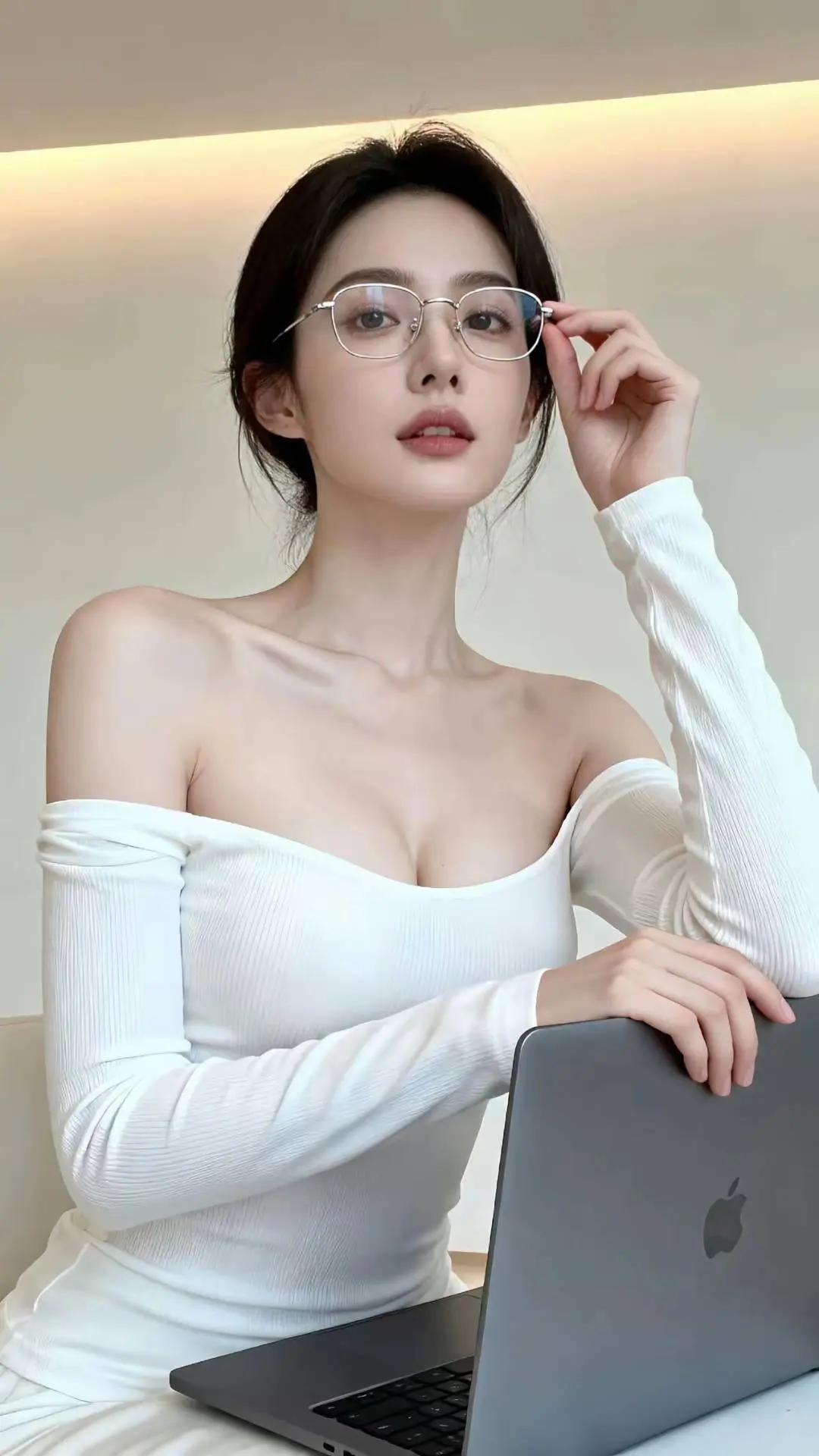 优雅办公时光，白衣少女与苹果笔记本的完美搭配。什么样的女生让人一见难忘?