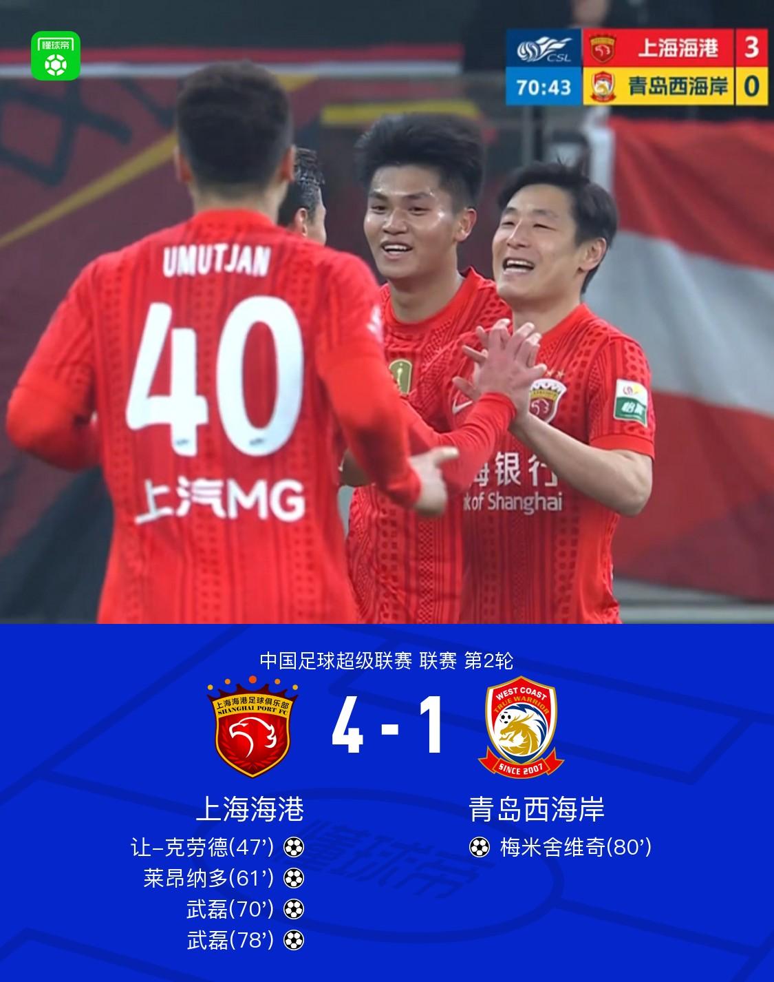 上海海港4-1青岛西海岸，看完比赛三点切身体会：1.西海岸不知道冬训怎么练的，