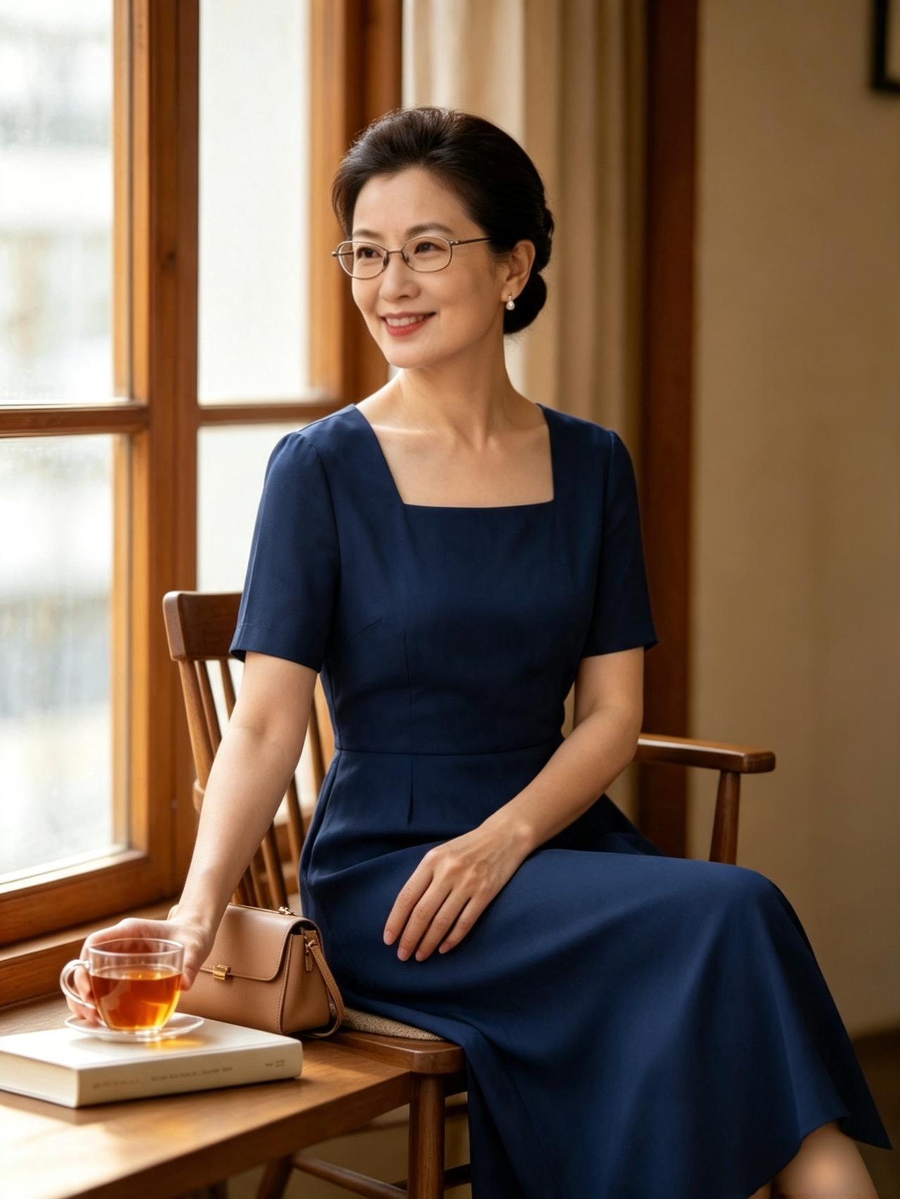 发现没有，今年夏天藏蓝色真的火，可不少五十出头的姐妹，还老是只穿黑色。夏天