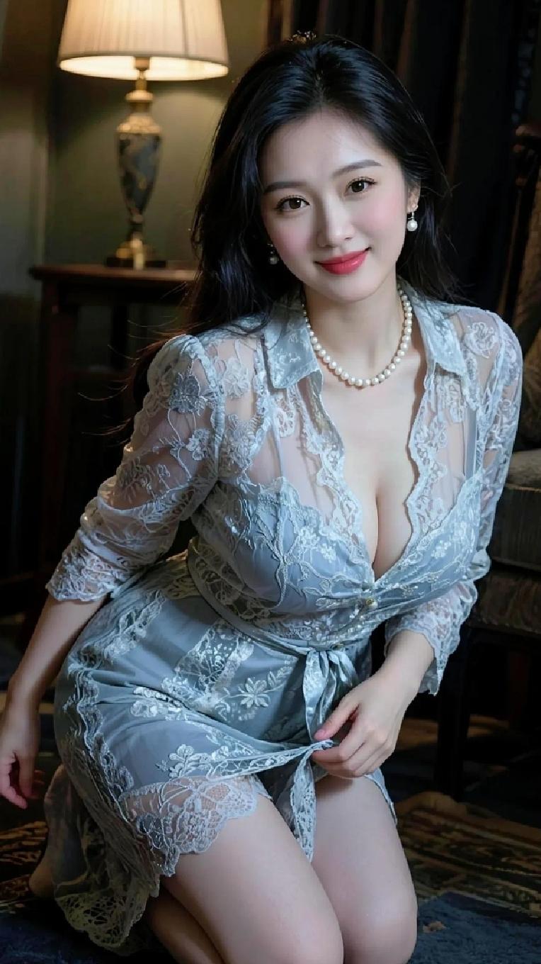 优雅蕾丝裙，迷人珍珠项链，复古灯下，尽显女性魅力，在这样的装扮加持下，每一步仿佛