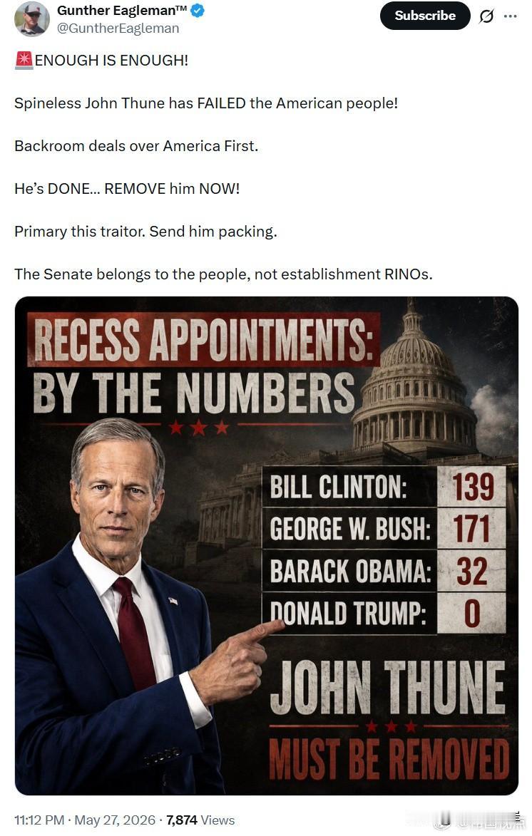 🚨够了，真的够了！没骨气的JohnThune辜负了美国人民！他为了