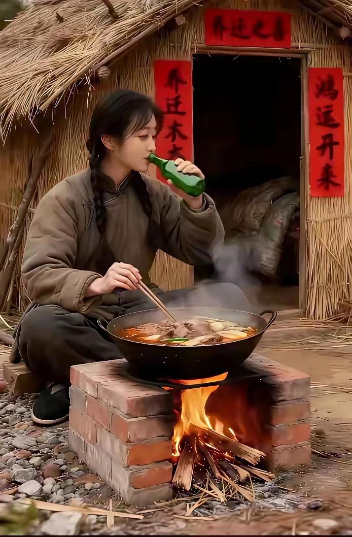 农村姑娘意填愁，火锅炖鱼未煮熟。喝瓶啤酒还上头，甘洒热血写春秋。