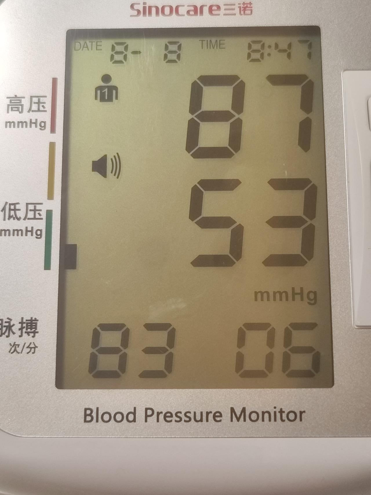跑完步很少测量血压。今天早上慢跑（徒步）8公里，回家测量血压。有点吓人。高压87