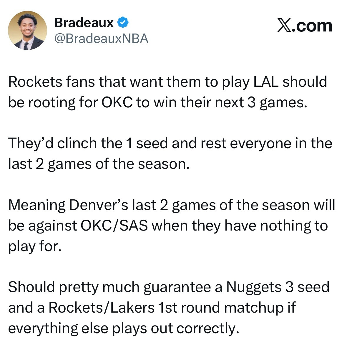 挑湖人打了，火箭记者Bradeaux：希望火箭对阵湖人的球迷，现在应该支持雷霆赢