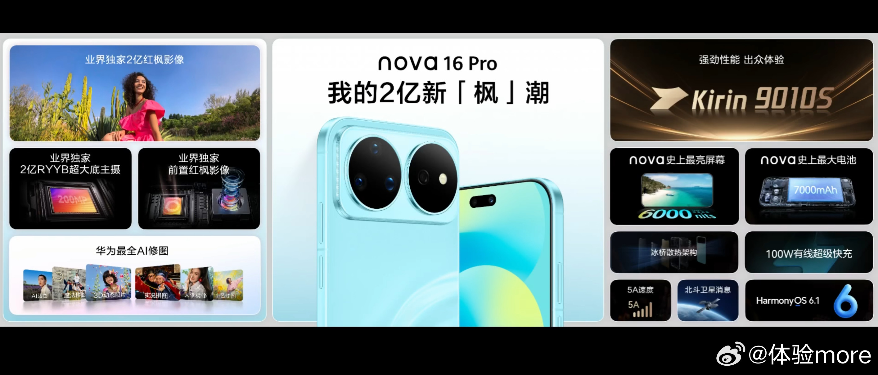 nova16，麒麟9010S，前置50MP，后置50MP+50MP3.3X潜