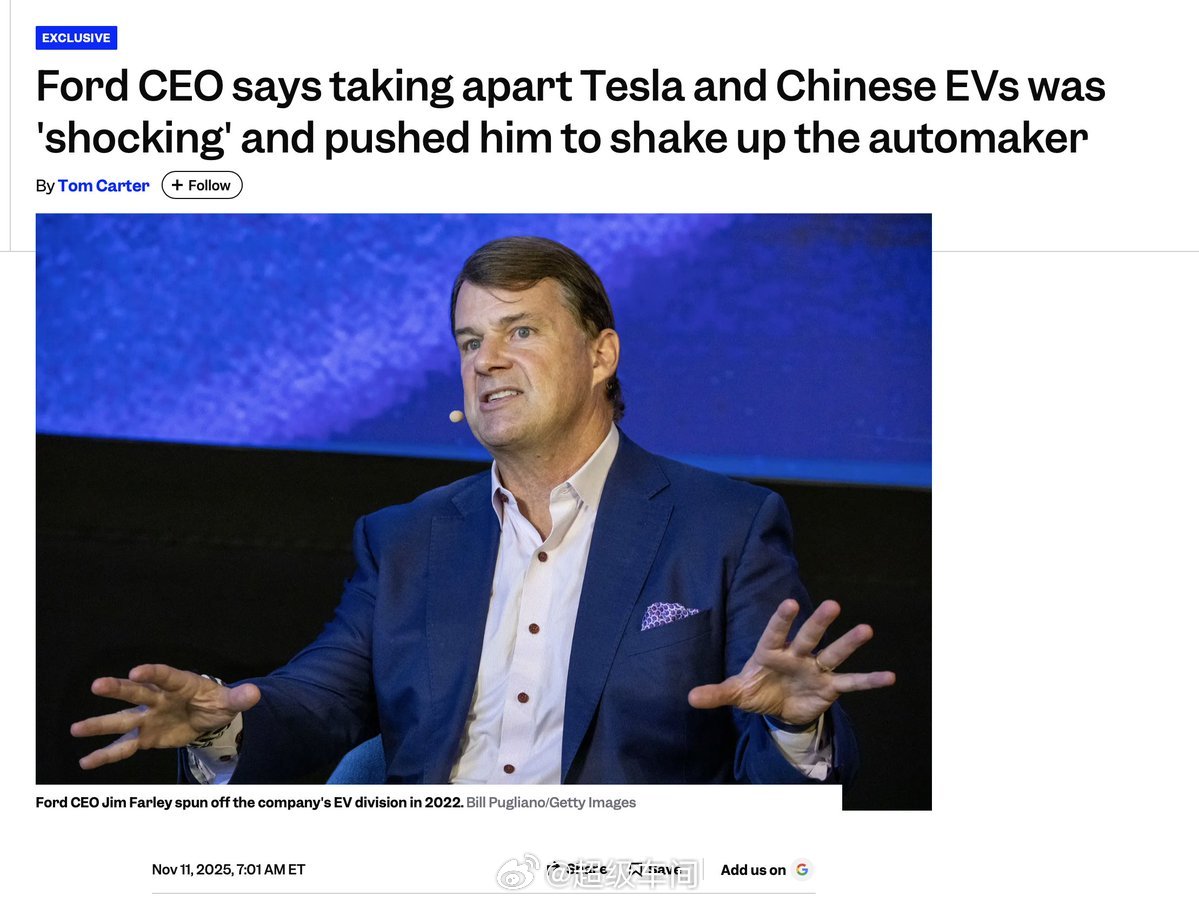福特CEO吉姆·法利在新采访中坦言：“当我们首次拆解Model3时深感震撼