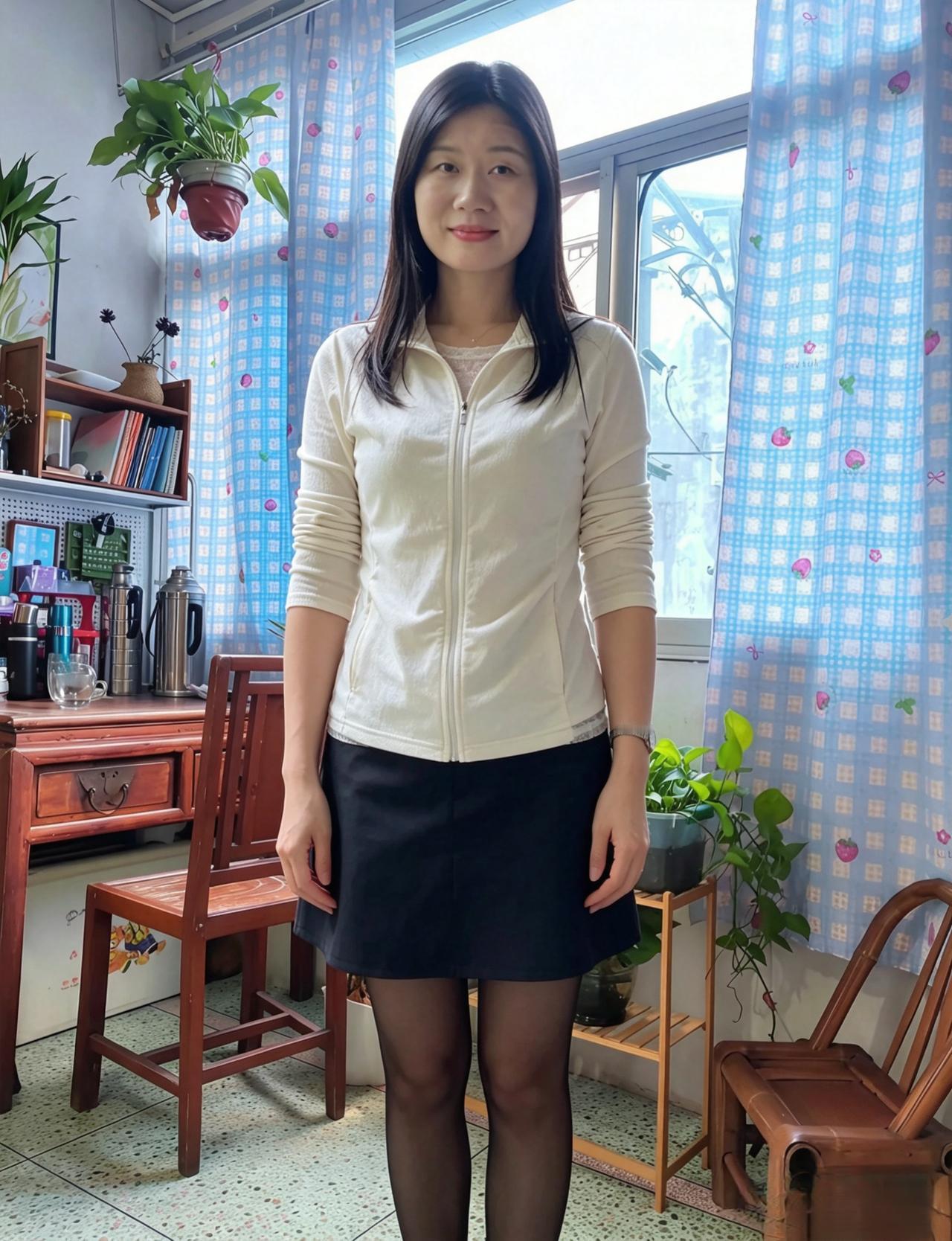 静立闺中雅态柔，衣衫素净衬清眸。青丝垂落添温婉，浅笑嫣然意韵流。室暖床轻尘梦