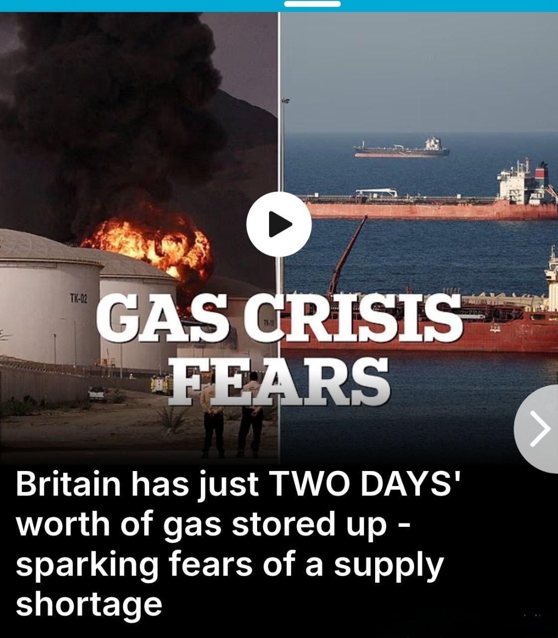 英国《每日邮报》报道：英国因战争陷入天然气危机：天然气储备仅够维持1.5至2天。