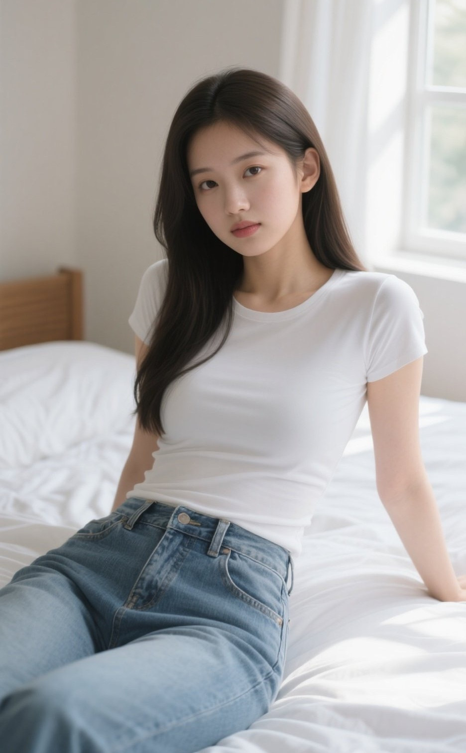 娇柔美人居家时光，牛仔裤穿出慵懒魅力