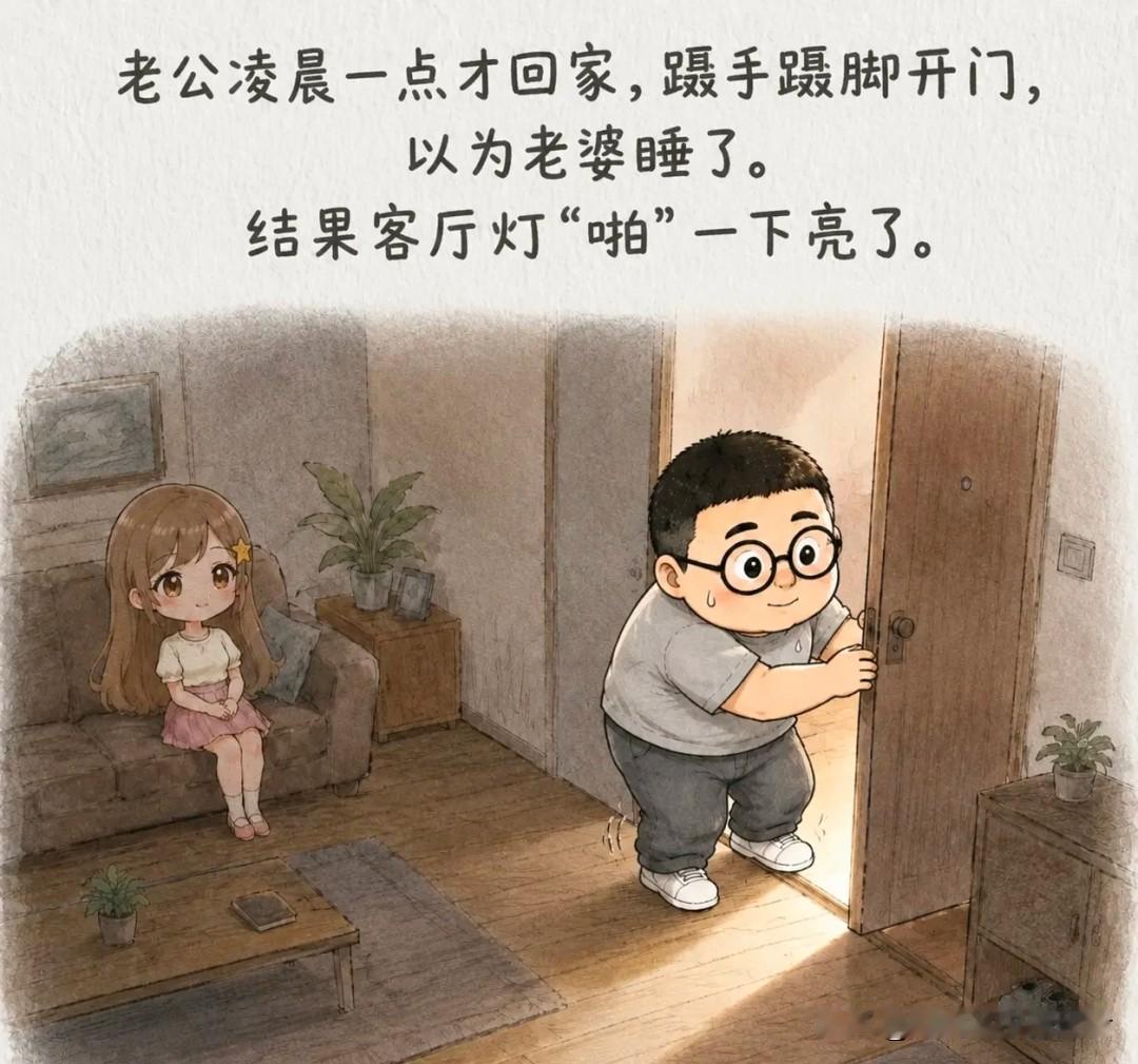 推荐有趣的漫画：老公凌晨一点才回家，蹑手蹑脚开门，以为老婆睡了。结果客厅灯“啪”