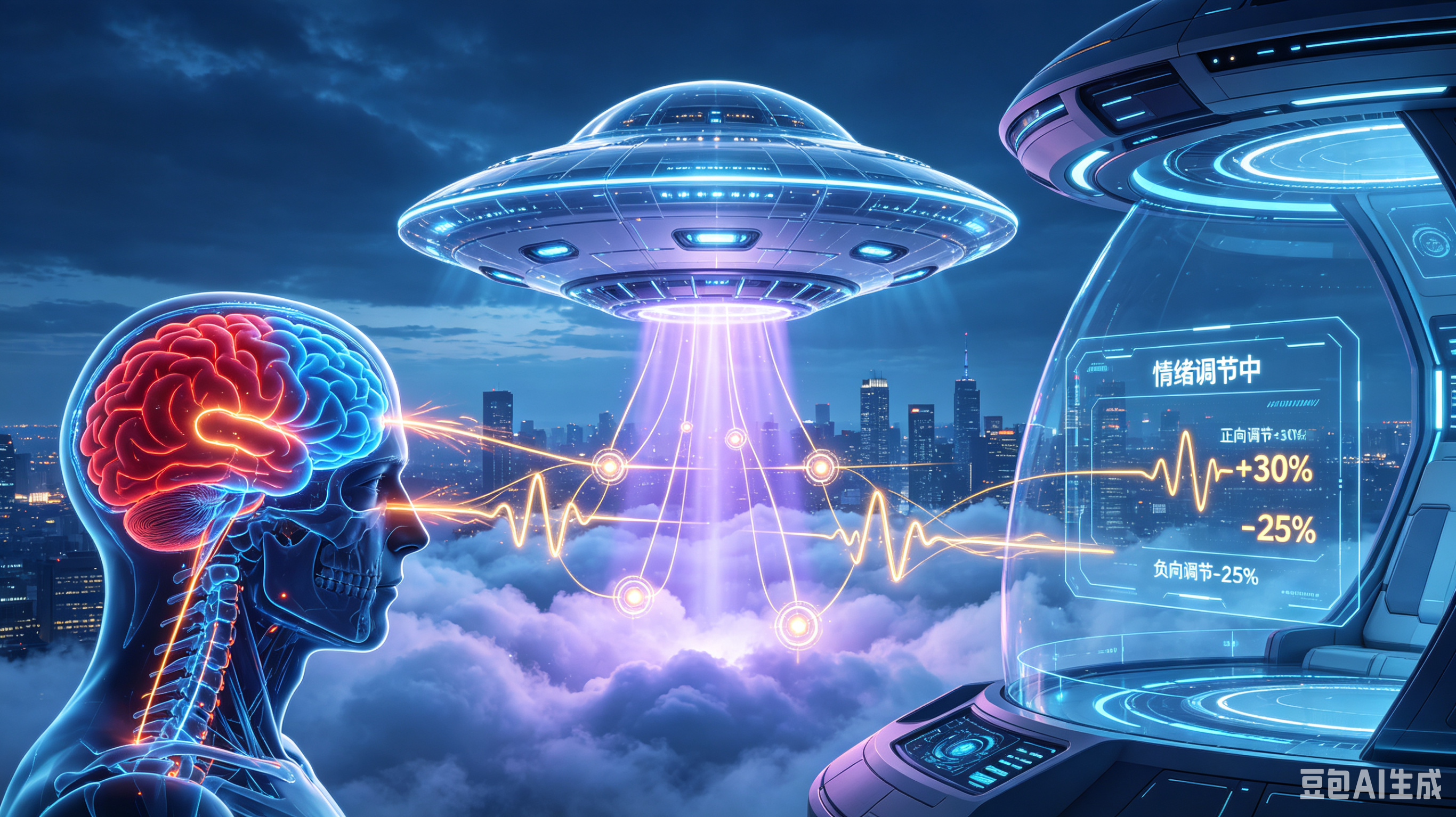 外星飞碟技术对人类大脑情绪的双向调节宇宙深空之中，飞碟作为外星文明的星际载具，其搭载的场域驱动、意识