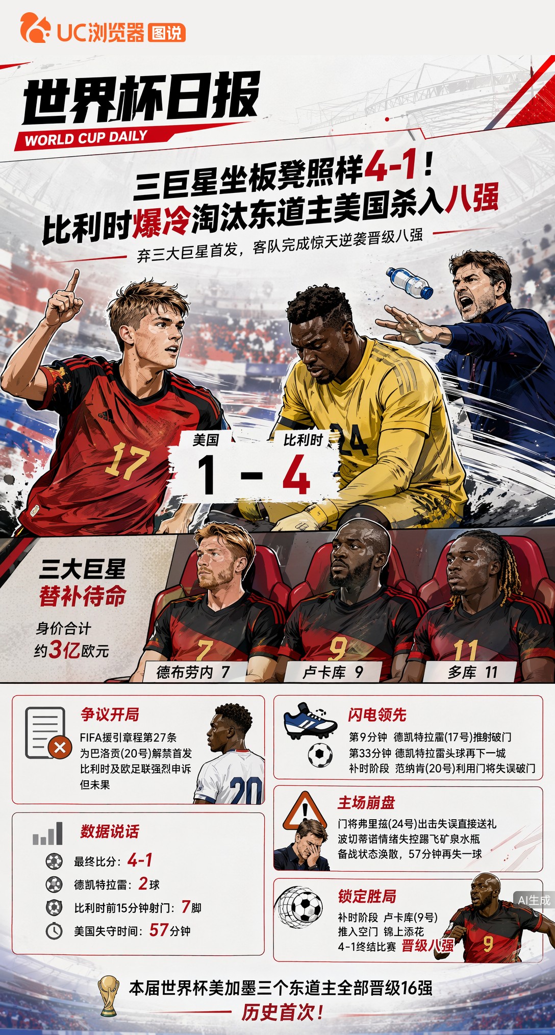 三巨星坐板凳照样4-1！比利时爆冷淘汰东道主美国杀入八强