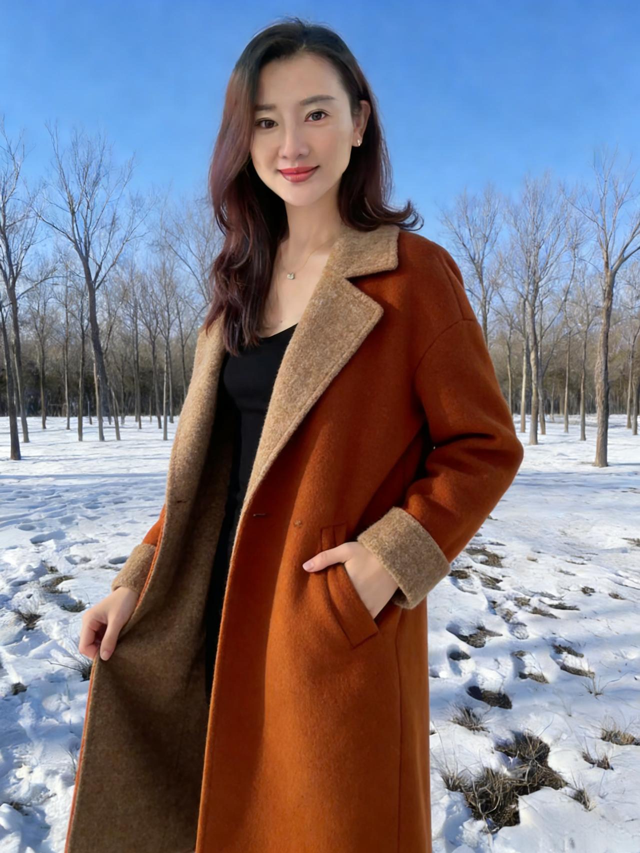 一袭风衣立雪林，笑涡轻漾暖冬心。无端惹得风回首，偷取香痕满袖金。