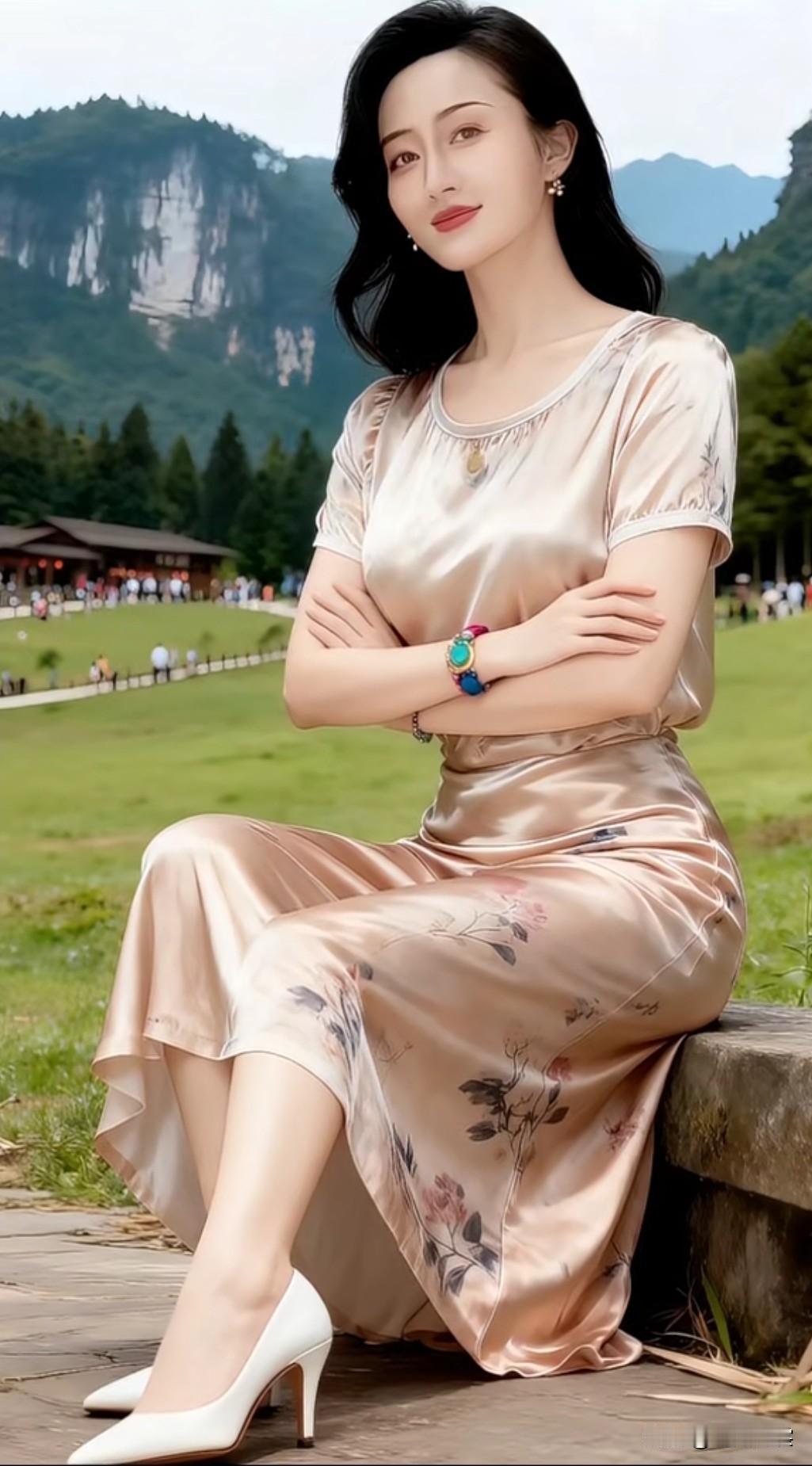 在山间小路上，优雅地坐着，享受自然的宁静与美好。什么样的美人算是东方美人美女少