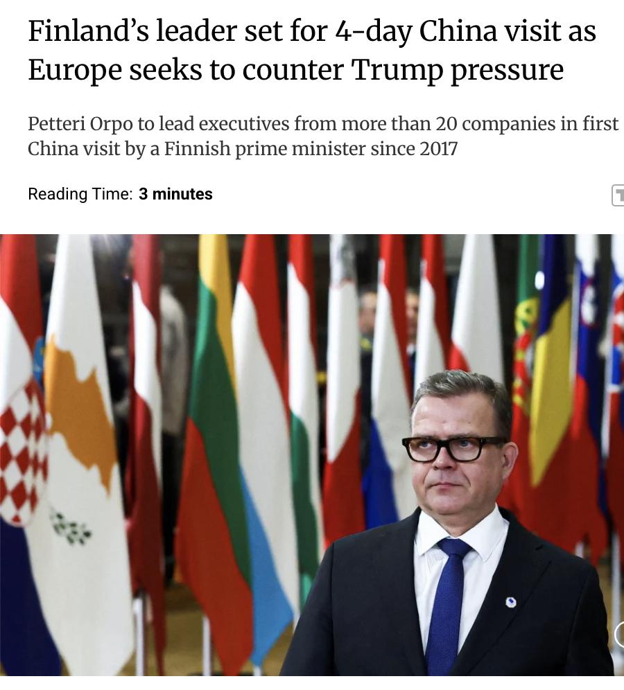 外媒：芬兰总理奥尔波将于1月29日开始对中国进行为期4天的访问，这是自2017年
