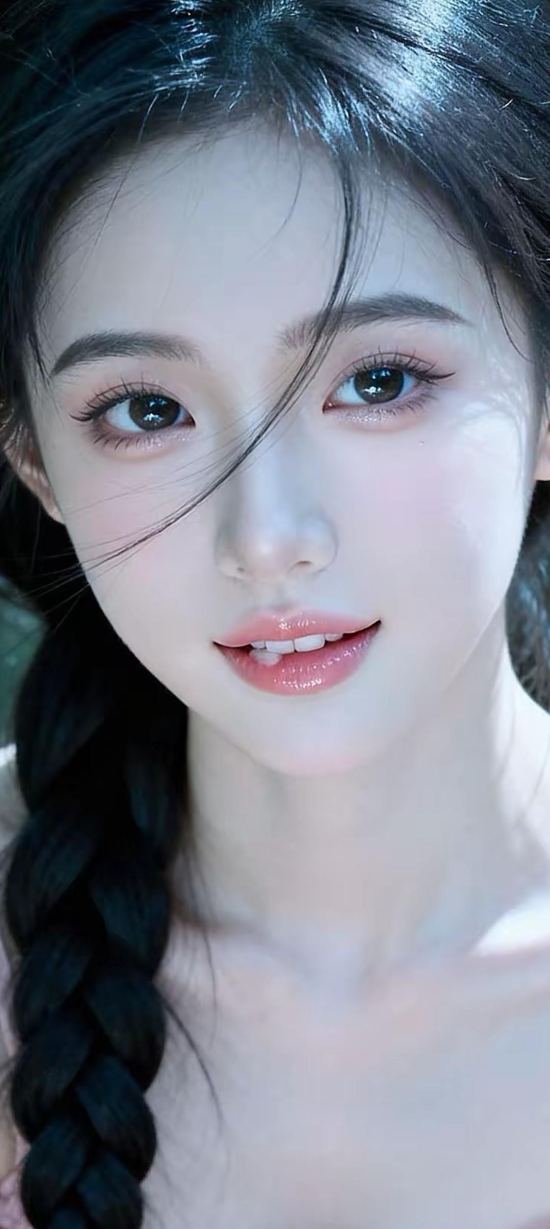 梦幻少女，甜美笑容，黑发编辫，白皙肌肤，清新自然。