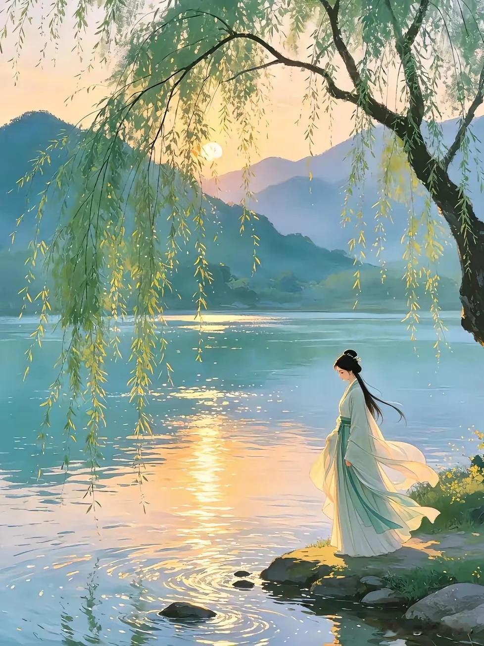 溪光潋滟映罗裳，岸柳垂丝拂晚凉。行尽青山人不语，双飞紫燕人独伤。