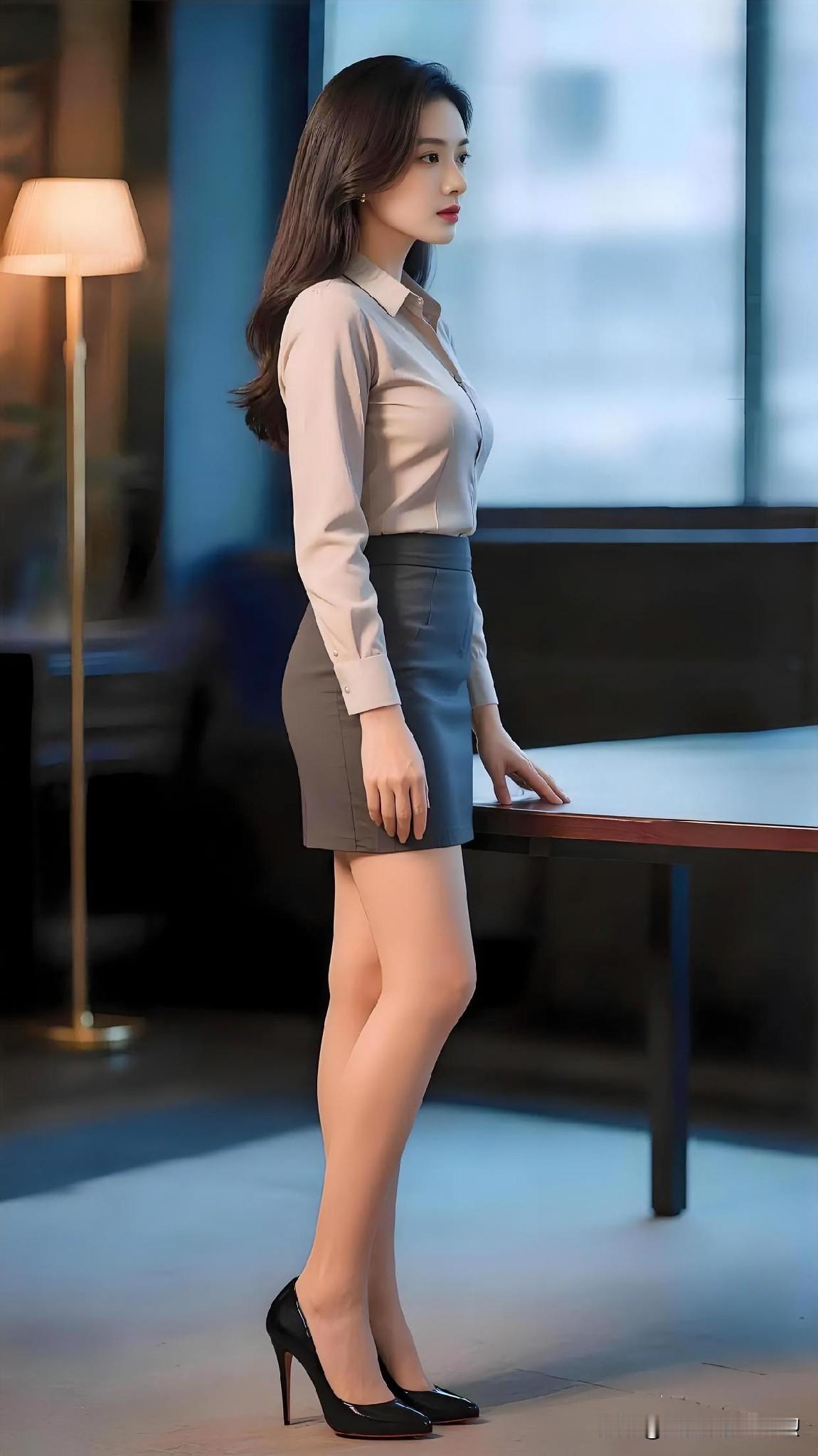 浅灰衬衫叠搭深灰半裙，职场女神侧颜伫立。简约色调，诠释干练与优雅的平衡之美。