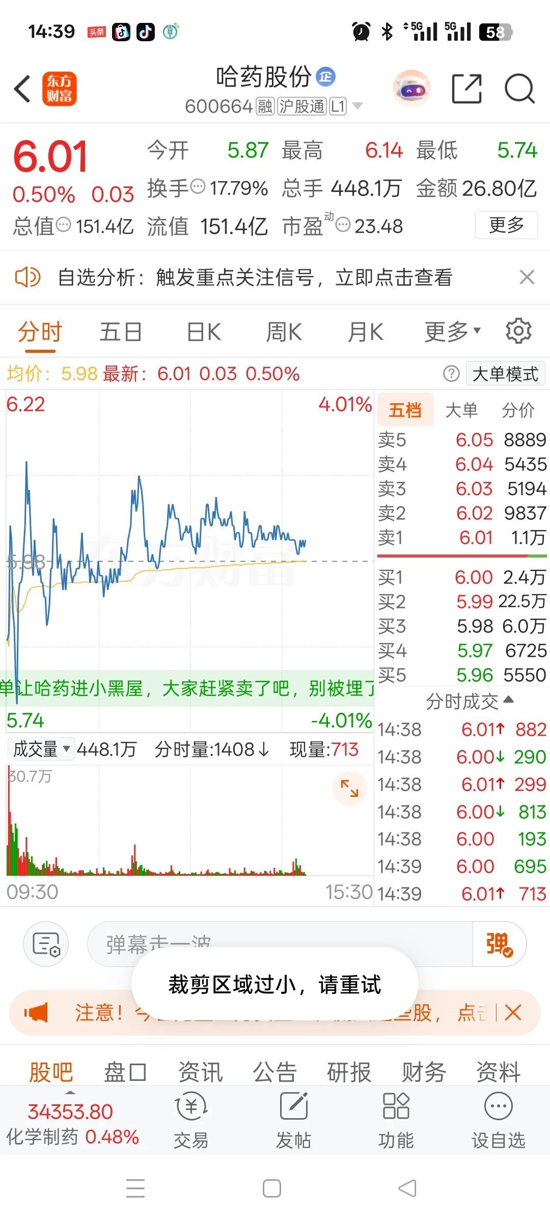 一位美女股民在股吧发帖失声痛哭，满心悔恨无处排解。昨日她以6.32元追高重仓哈药
