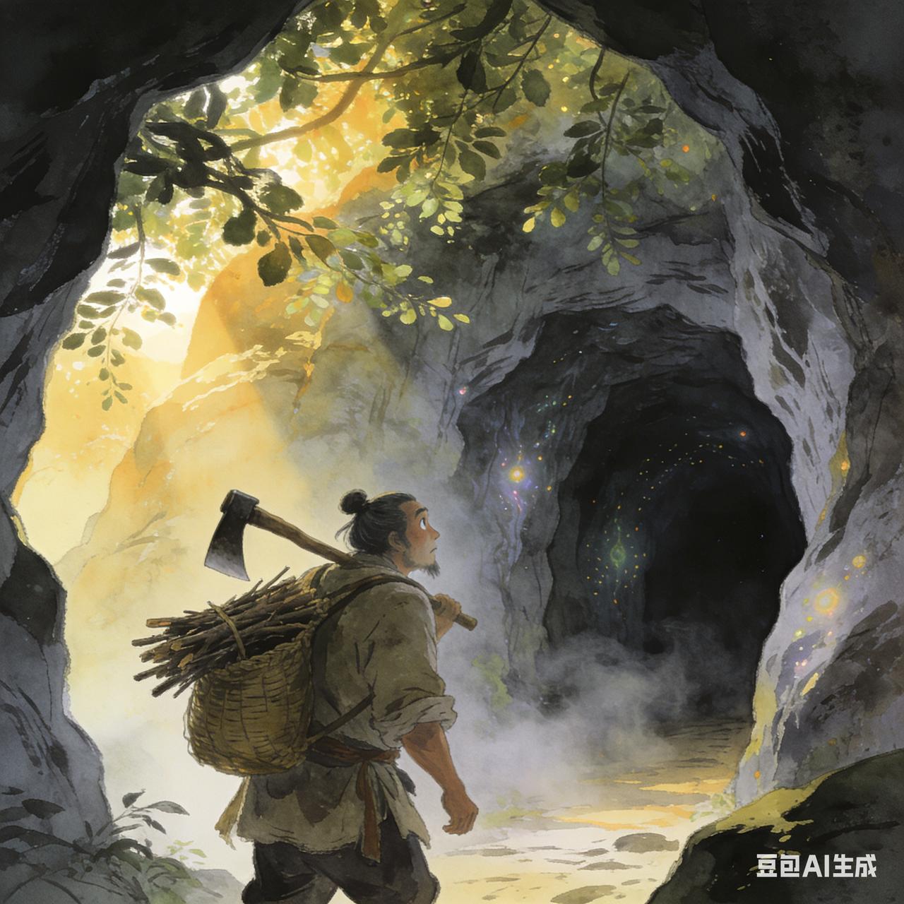 从前，有个樵夫上金鸡岭砍柴，偶然看见一只兔子窜进一个山洞。他提着柴刀追进洞中，那