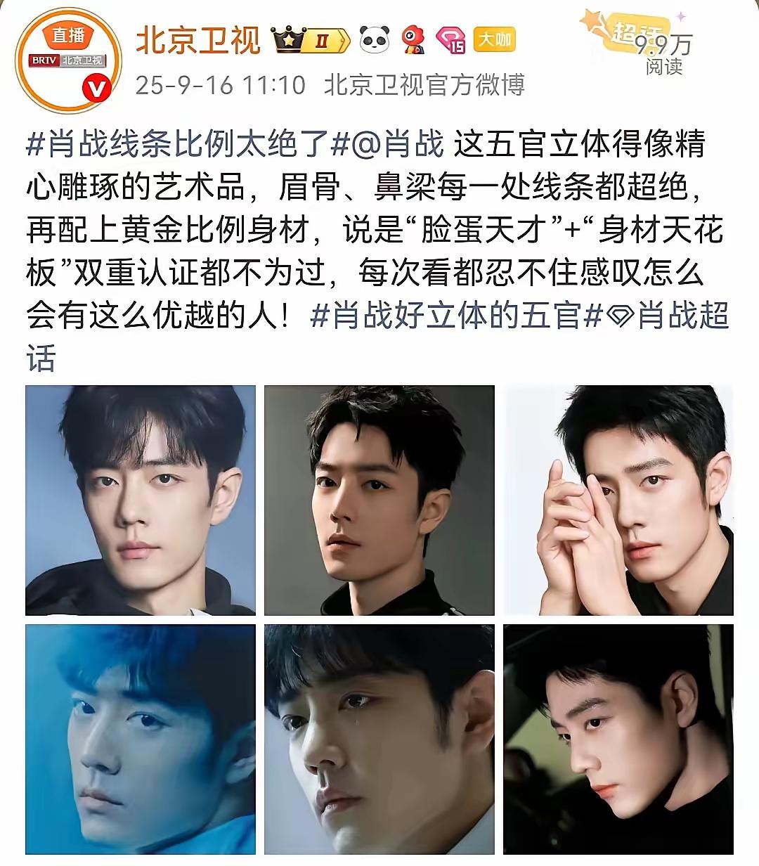 家人们谁懂啊！北京卫视都带头夸肖战了，这排面谁能不羡慕？说他是艺术品，身