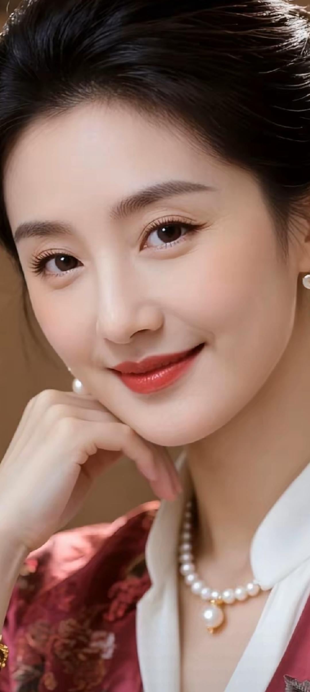 优雅气质，珍珠项链，红唇微笑，复古风尚。