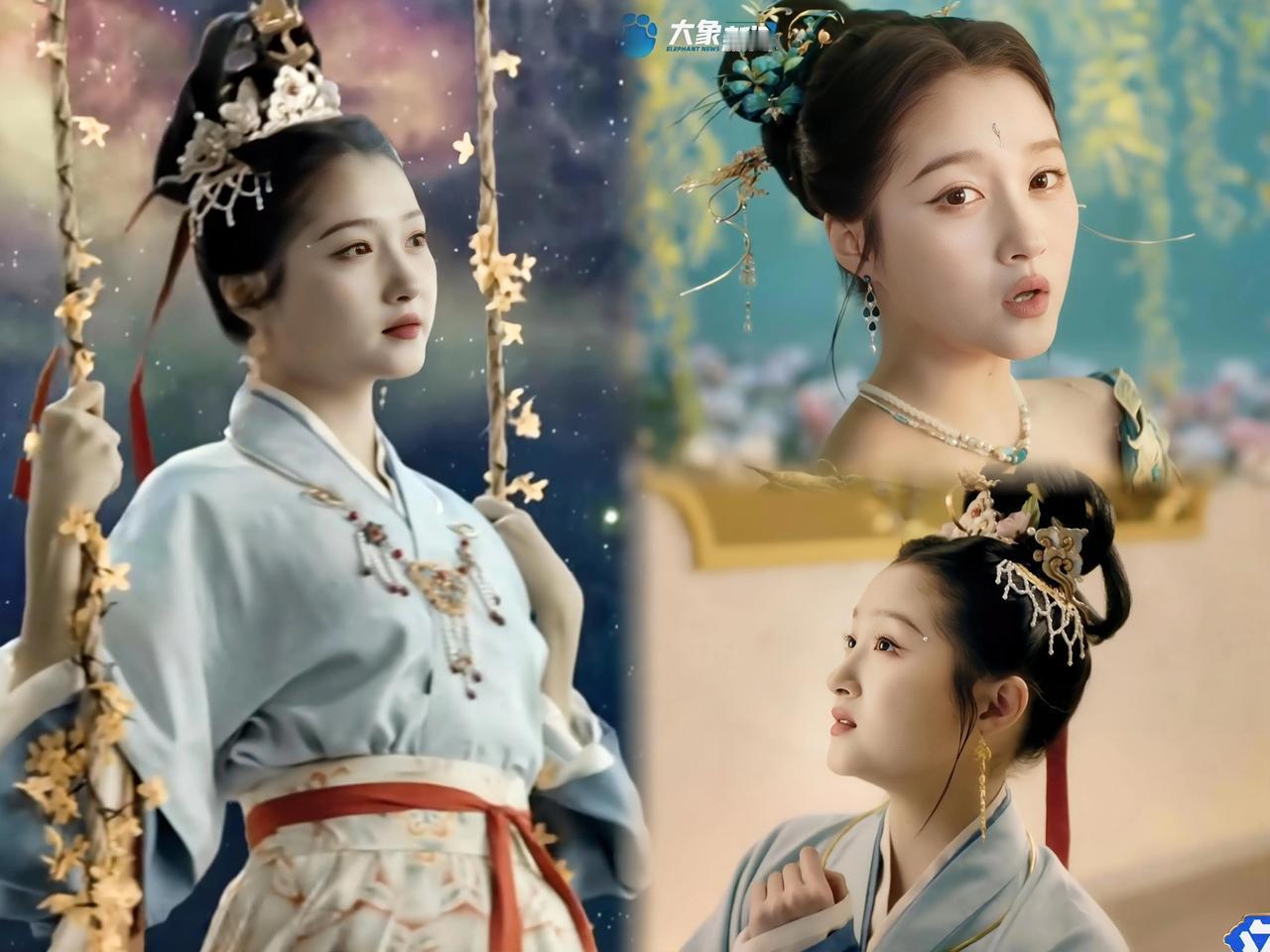 关晓彤这两年发腮明显，河南春晚上的古装造型一言难尽。光溜的盘发放大了脸肉脖子短的