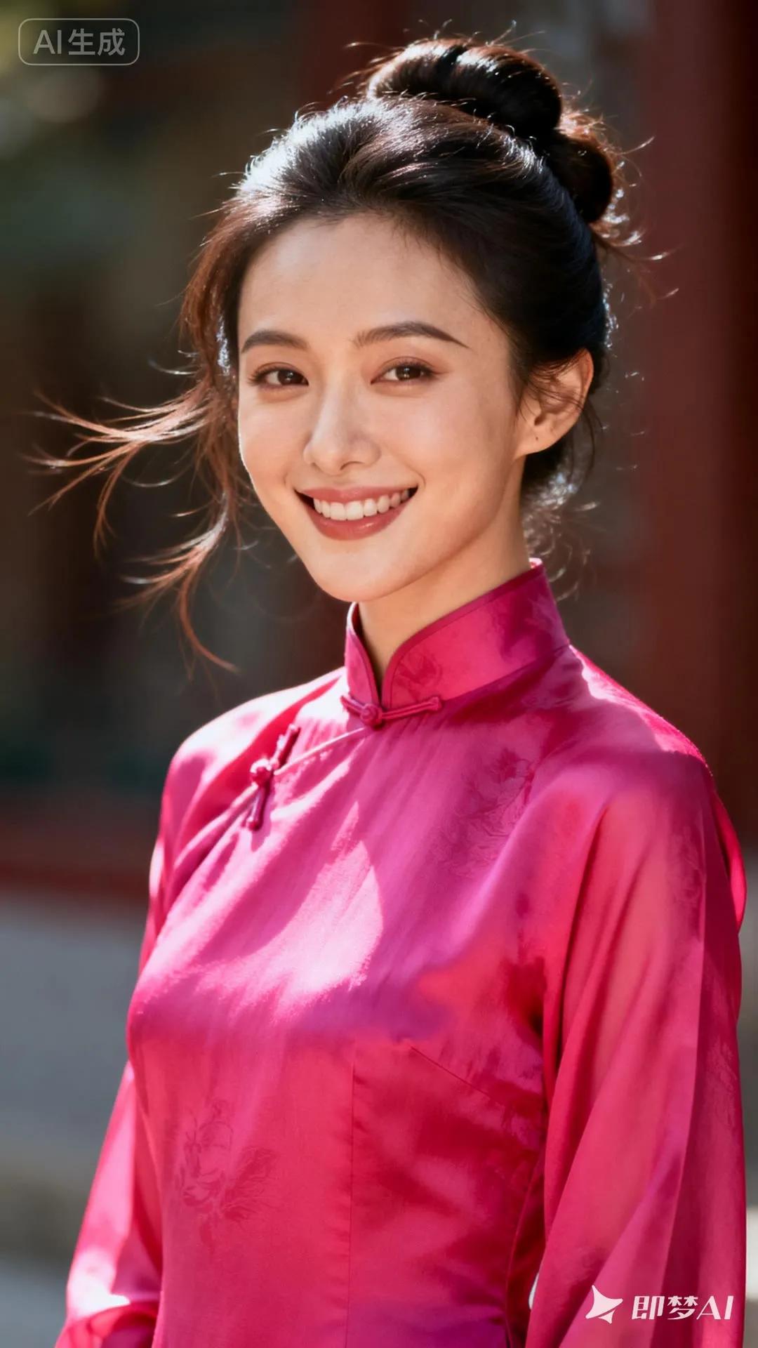 粉色的旗袍，优雅的笑容，尽显东方女性的魅力。