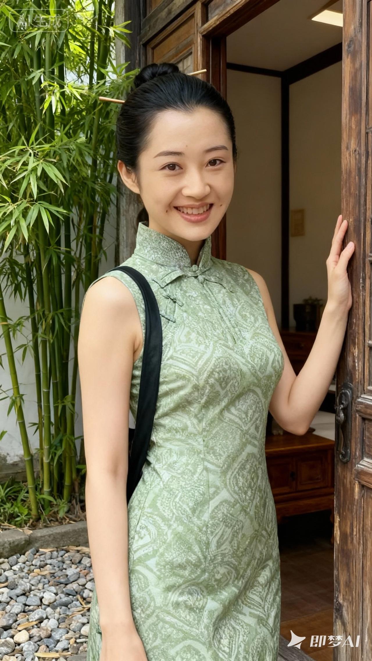 优雅旗袍，竹林间的美人