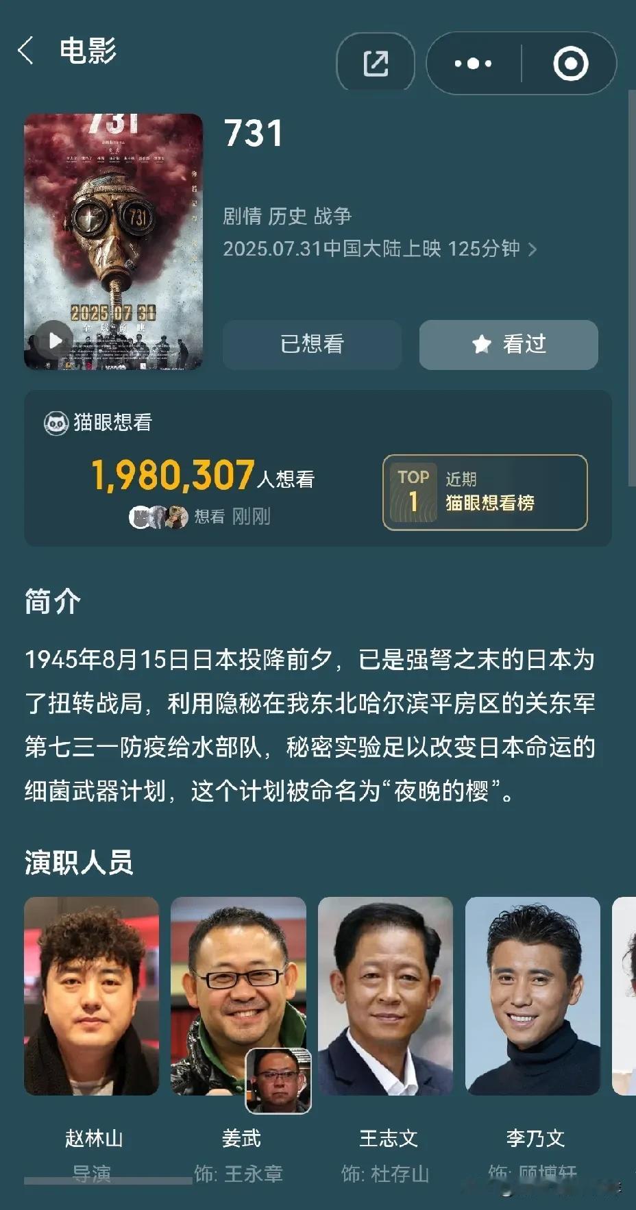 电影《731》，离7月31日点影只剩四天了，据猫眼统计，目前已有180余万人想看