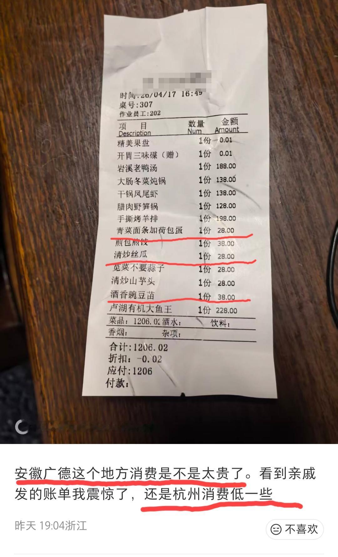 杭州网友吐槽“广德的餐饮消费太贵”，这不是“倒反天罡”吗？我们且不说这个菜单是