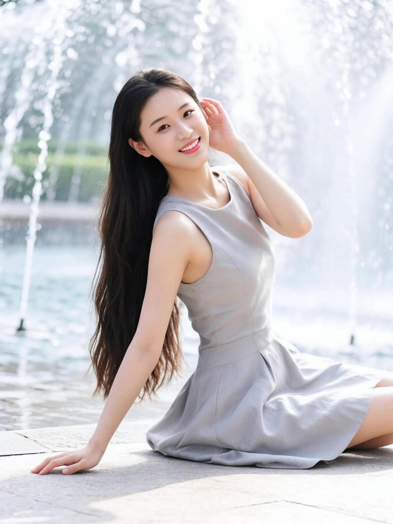 阳光洒在喷泉边，水花四溅，仿佛在为这温柔的瞬间伴奏。轻盈的裙摆随风舞动，像是与自