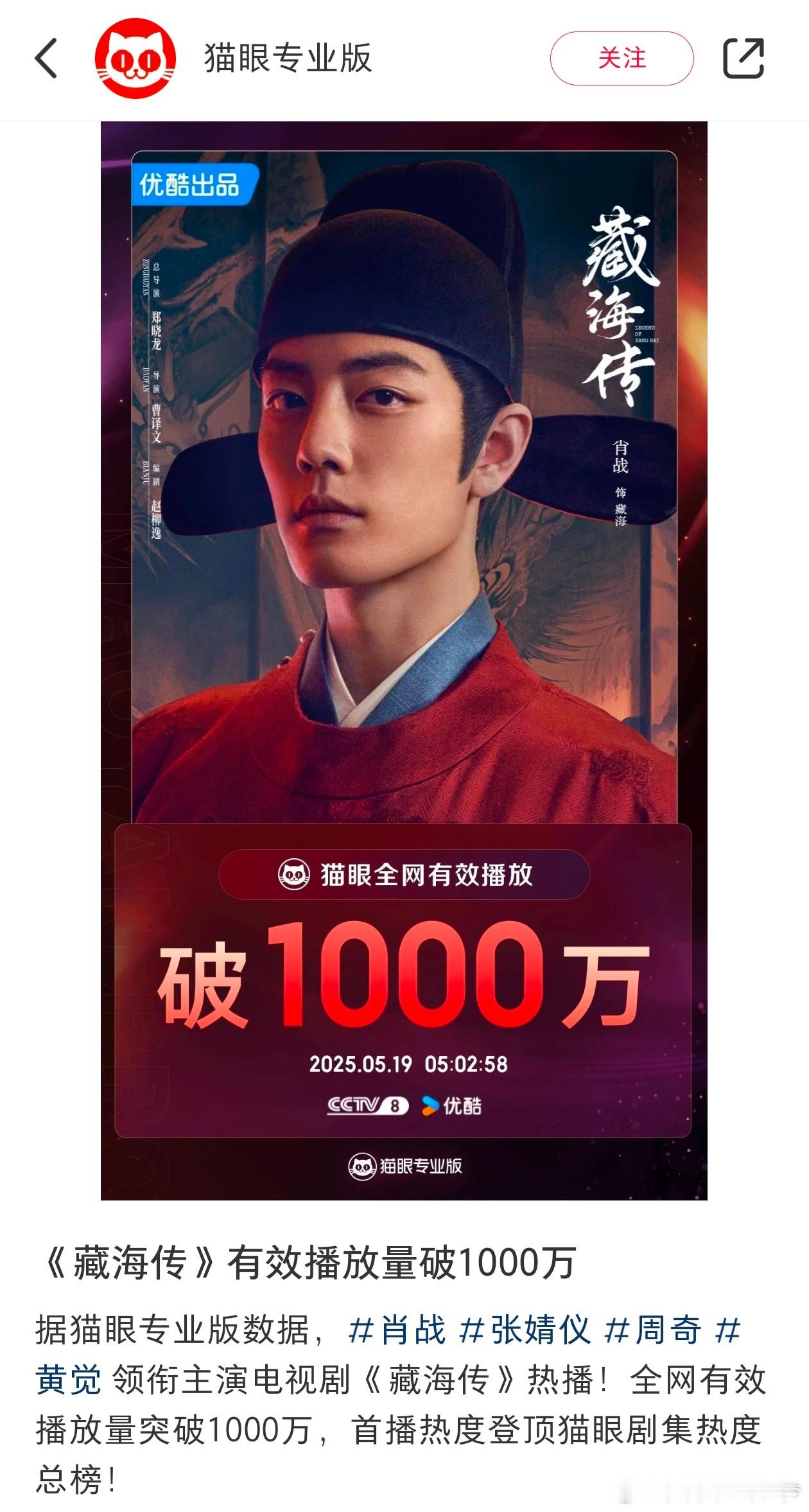 藏海传猫眼有效播放量破1000万，好厉害呀！​​​