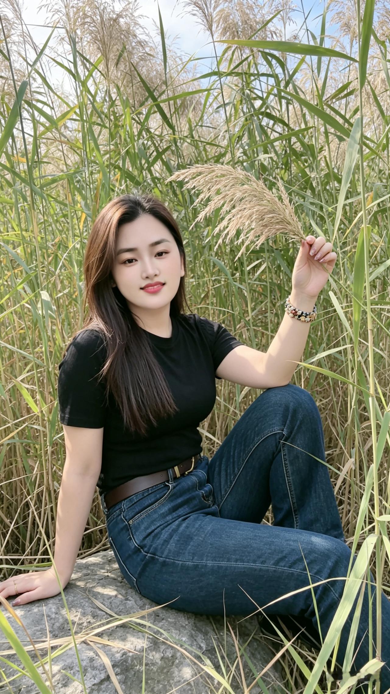 芦间倩影芦风轻拂野苍苍，石畔凝眸笑靥彰。腕上银环摇碎影，指尖轻捻白芦芳。