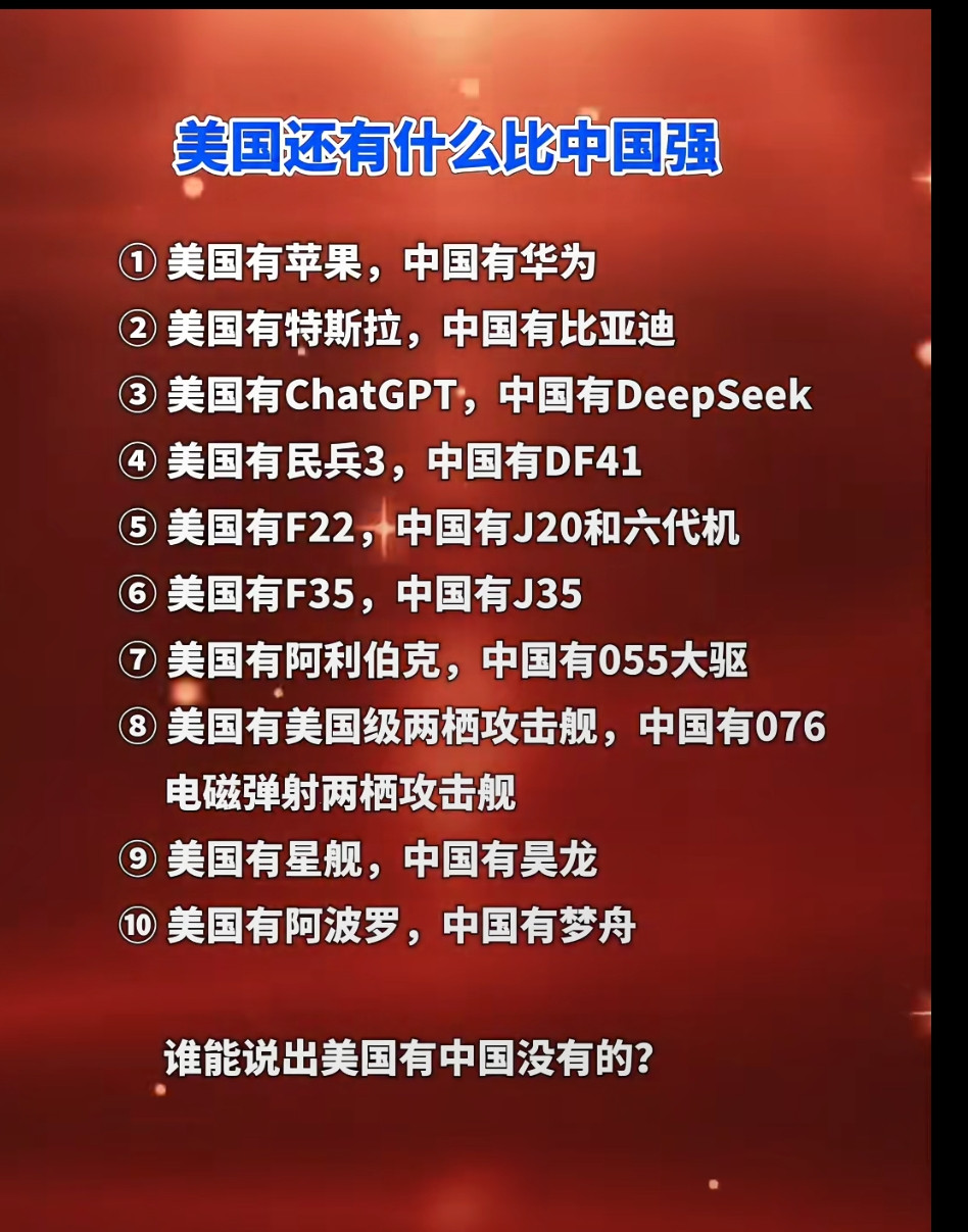 网友列出十大项目，问美国还有什么比中国强的？有肯定还是有，承认目前阶段美国比我们强，不丢人，也是实事