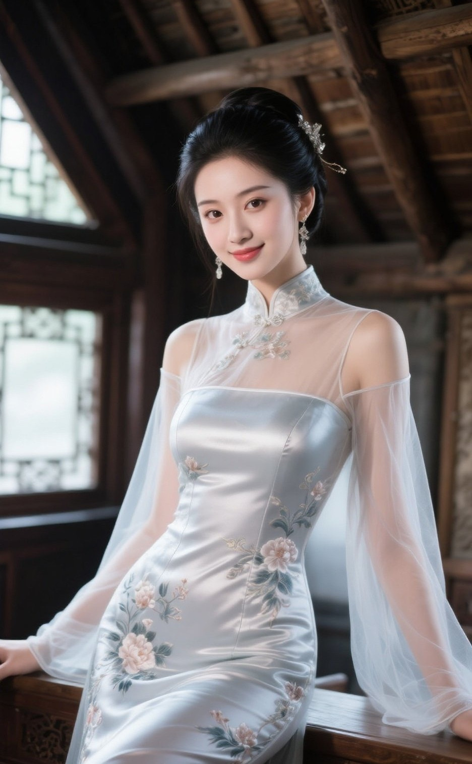 娇俏美人倚栏杆旗袍摇曳映春光