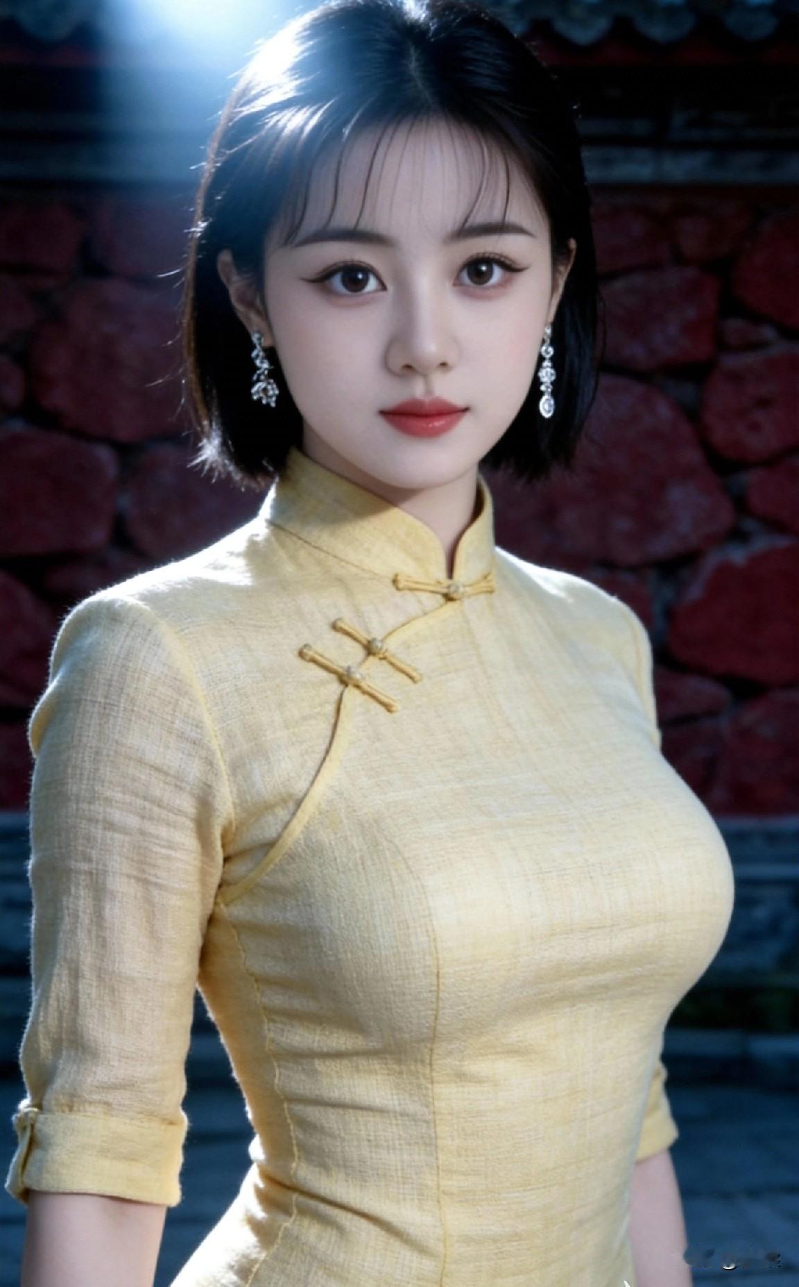 优雅古风少女，一袭黄色旗袍，尽显古典韵味