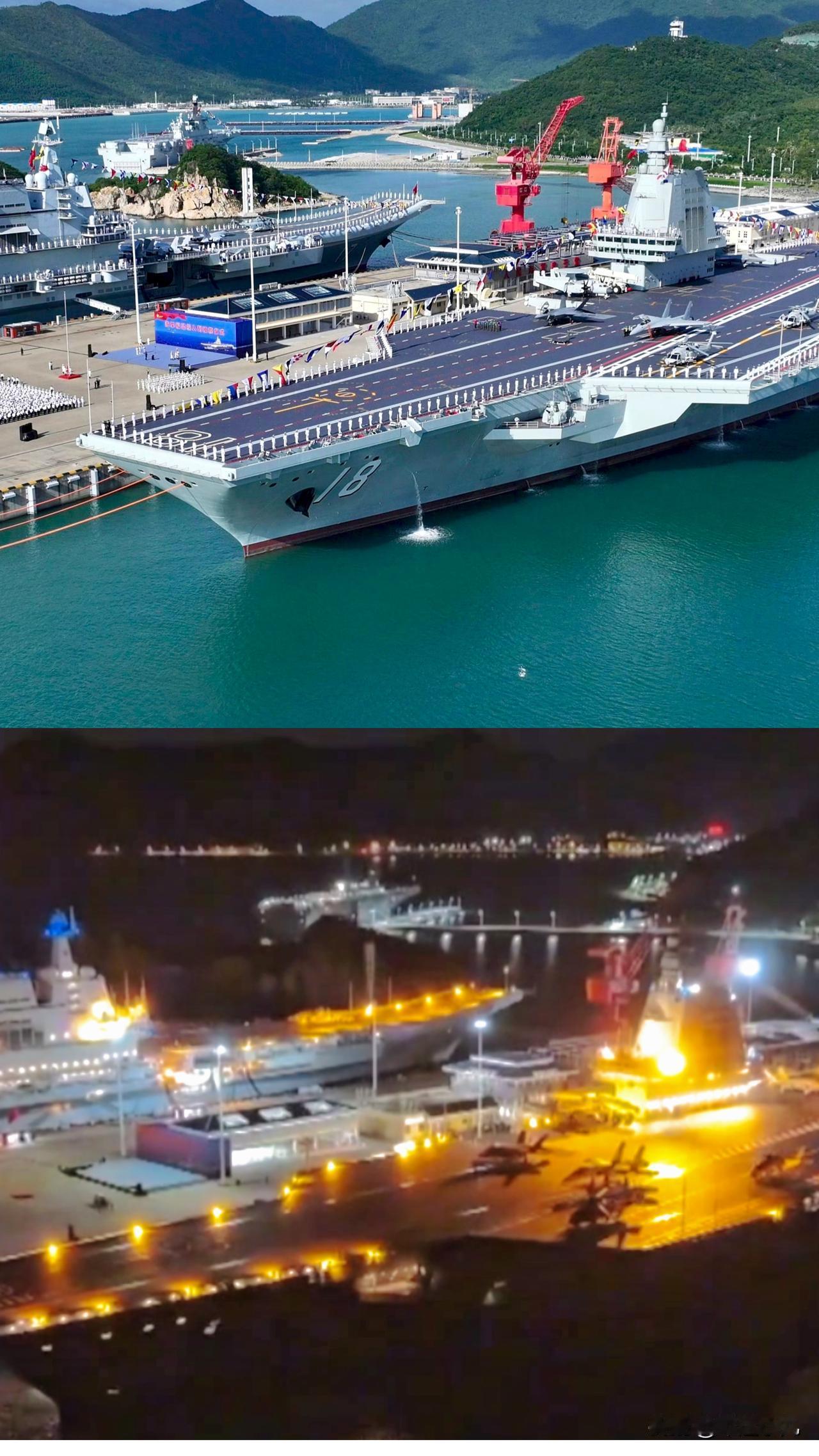 震撼！福建舰昼夜同框对比图曝光，这感觉就是那味儿了，“列强”的感觉真好！福建
