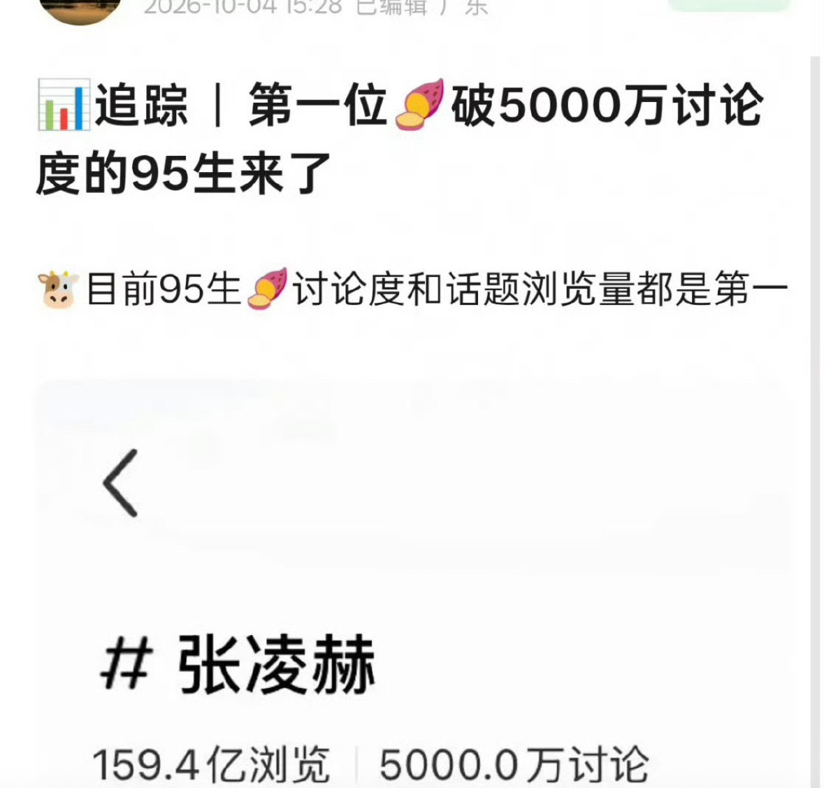 张凌赫是第一且唯一🍠讨论量破5000w的95生​​​